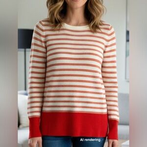 LOFT Ann Taylor Orange Coral White Striped Crew Neck Sweater | Small